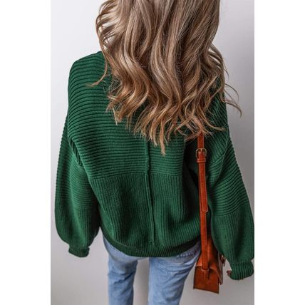 Blackish Green Textured Knit Crewneck Lantern Sleeve Sweater