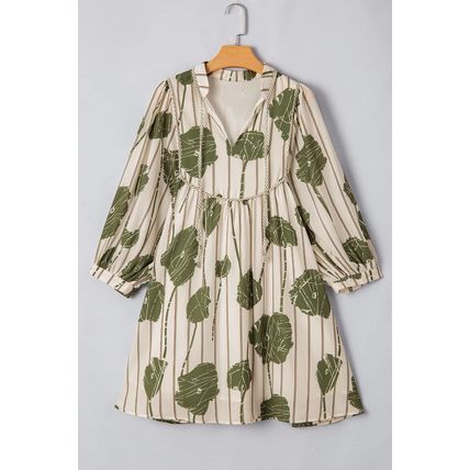 Guacamole Green Floral Striped Print Contrast Piping Puff Sleeve Dress