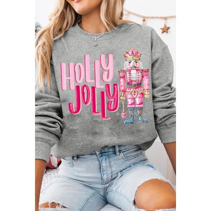Gray HOLLY JOLLY Nutcracker Print Crew Neck Christmas Sweatshirt