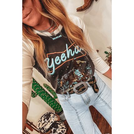 Brown Western Yeehaw Graphic Vintage Raglan Long Sleeve Top