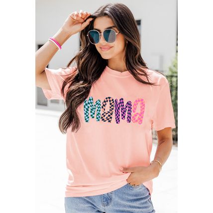Pink Checkerboard mama Printed Crew Neck Tee