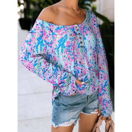 Multicolor Printed Wide Neck Thumbhole Sleeve Henley Top
