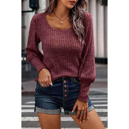 Mineral Red Ribbed Bishop Sleeve Round Neck Top