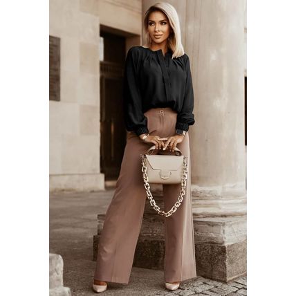 Black Crew Neck Gathered Stretch Cuff Shirt