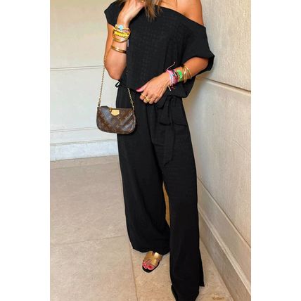 Black Checkered Mesh One Shoulder Short Sleeve Knotted Waist Jumpsuit