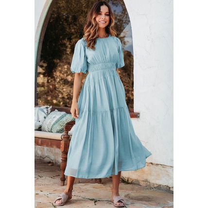 Light Blue Puff Sleeve Pleated High Waist Flowy Midi Dress