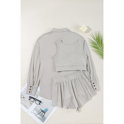 Gray 3 Pcs Crop Tank Top Shorts with Cardigan Lounge Set