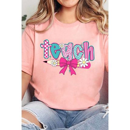 Pink Preppy Retro Checkered Coquette Teach Graphic T-Shirt