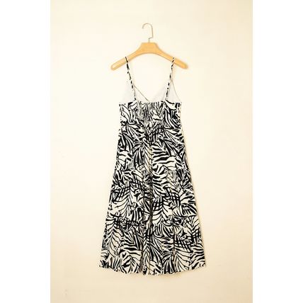Khaki Tropical Palm Print Wrapped V Neck Spaghetti Straps Tiered Dress