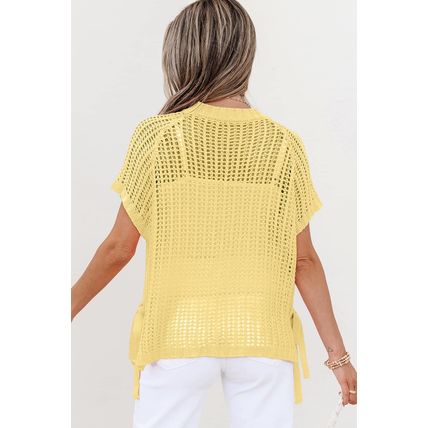 Yellow Cream Hollow-out Crochet Side Tied Short Sleeve Sweater