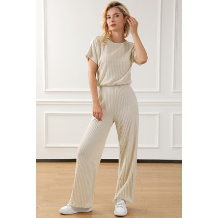 Oatmeal Ribbed Keyhole Short Sleeve Wide Leg Jumpsuit