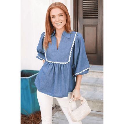 Dusk Blue Lace Ric Rac 3/4 Puff Sleeve Collared Babydoll Blouse