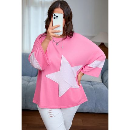 Pink Star Patched Colorblock Raw Edge Bracelet Sleeve Plus Size Loose Tee