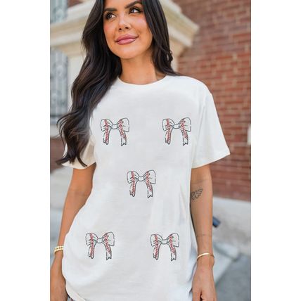 White Glitter Baseball Bow Patched Cotton Blend T Shirt