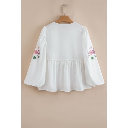 White Flower Lace-up V Neck Babydoll Blouse