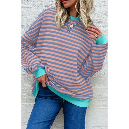 Racing Red Striped Contrast Ribbed Trim Crossed Stitch Drop Shoulder Sweatshirt