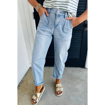 Beau Blue High Rise Barrel Relaxed Patch Pocket Jeans