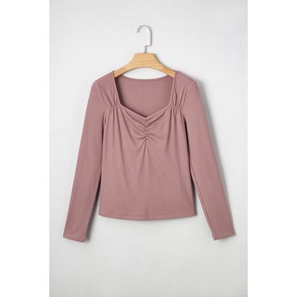 Old Rose Gathered Bust Square Neck Ribbed Fit Long Sleeve Top