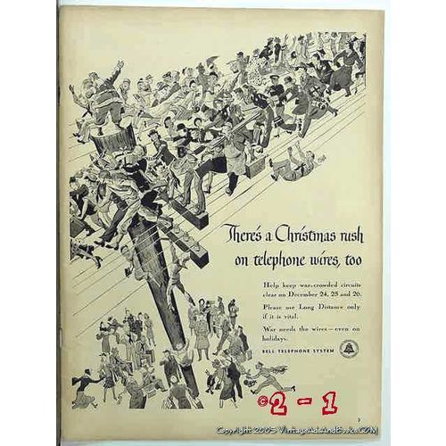 BELL TELEPHONE SYSTEM 1943 Christmas rush telephone wire vintage ad