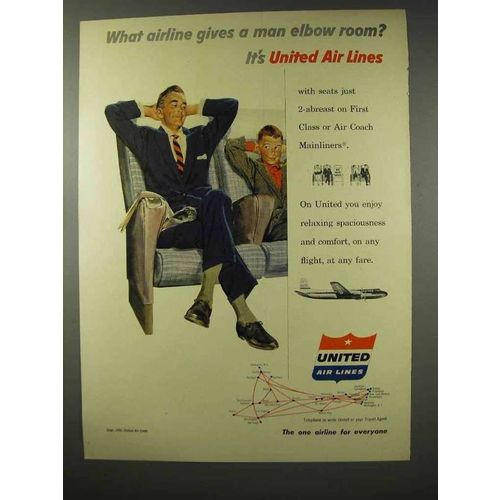 1956 United Air Lines Ad - Gives a Man Elbow Room