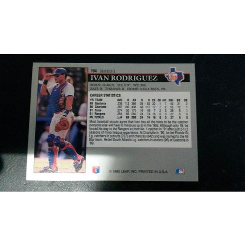 1992 Leaf Card # 194 Ivan Rodriguez Excellent-Mint (6) Texas Rangers