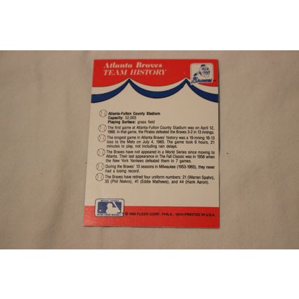 1989 FleerAtlanta Braves Team History Stickerback w/4 Various TEAM LOGO Stickers