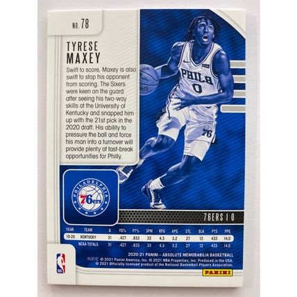 2020-21 Absolute Memorabilia #78 Tyrese Maxey