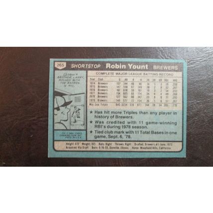 1980 Topps Robin Yount Milwaukee Brewers Card #265