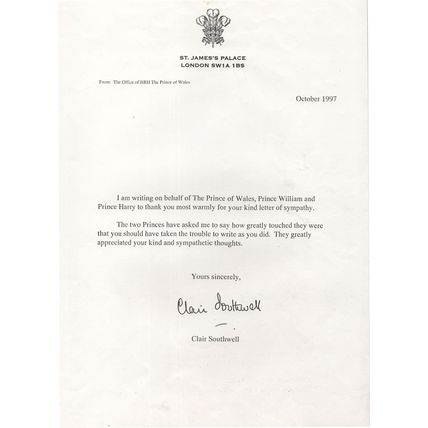 St James Palace Letter Death Of Princess Diana Signed Letter & Official Envelope