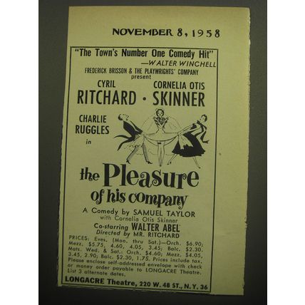 1958 The Pleasure of his Company Play Ad - The Town's Number one comedy hit
