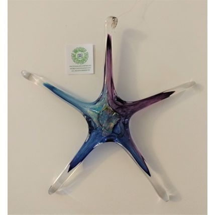 SIGNED HANDBLOWN ART GLASS HANGING STAR or STARFISH BLUE PURPLE & CLEAR