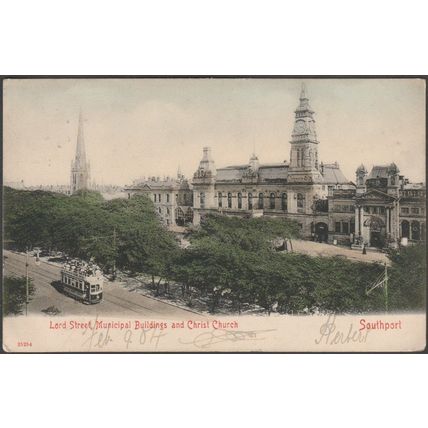 Lord Street, Municipal Buildings & Christ Church, Southport, 1904 - Stengel PC
