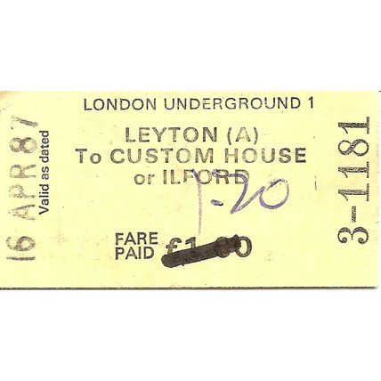 London Transport Edmondson Ticket - Leyton to Custom House or Ilford