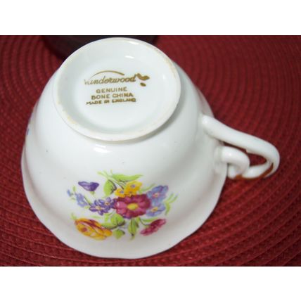 Vanderwood Teacup & Saucer White Yellow Pink Purple Floral Gold Trim Scalloped