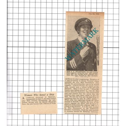 Miss Victoria Drummond Merchant Navy WW2 - 1941 Two-Part Clipping / Print