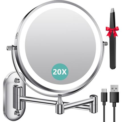 1X/20X Wall Mounted Makeup Mirror with Light, 8" Double-Sided Magnifying Mirror,