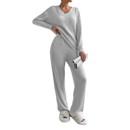 Light Grey Ribbed Knit V Neck Slouchy Two-piece Outfit