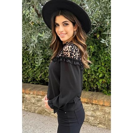 Black Leopard Mesh Splicing Ruffle Long Sleeve Blouse
