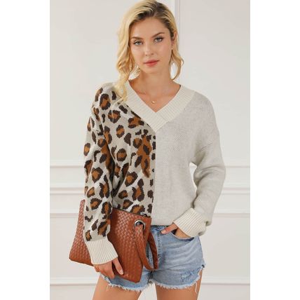 Leopard Color Block V Neck Drop Shoulder Knit Sweater
