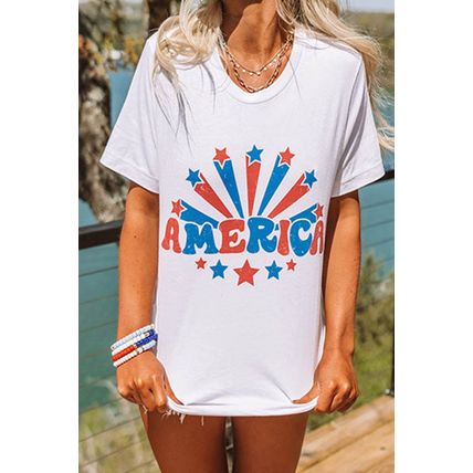 White AMERICA Star Graphic Round Neck Tee