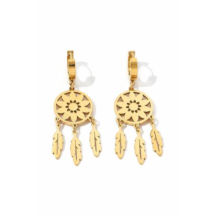 Gold Dream Catcher Feather Fringed Alloy Dangle Earrings