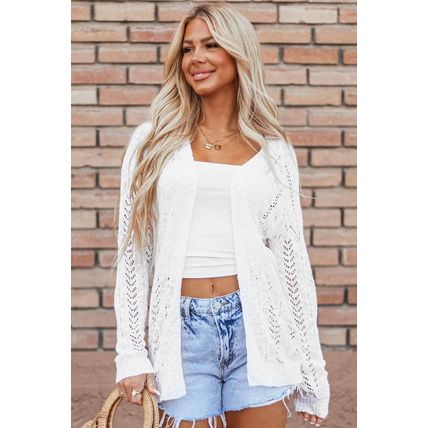 White Solid Open Knit Cardigan
