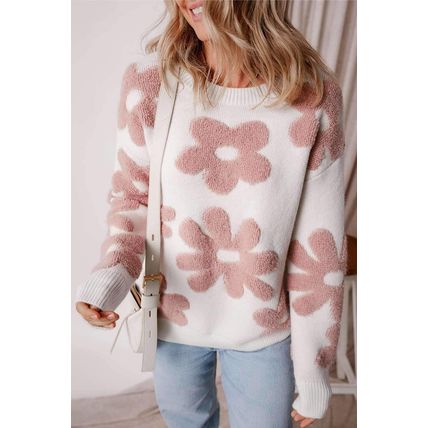 White Textured Flower Drop Shoulder Loose Sweater