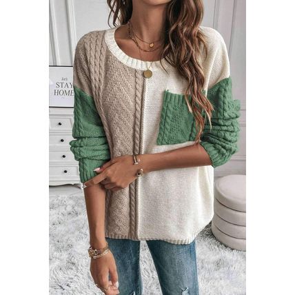 Vineyard Green Colorblock Patched Pocket Drop Shoulder Sweater