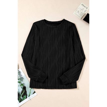 Black Textured Wavy Round Neck Long Sleeve Top