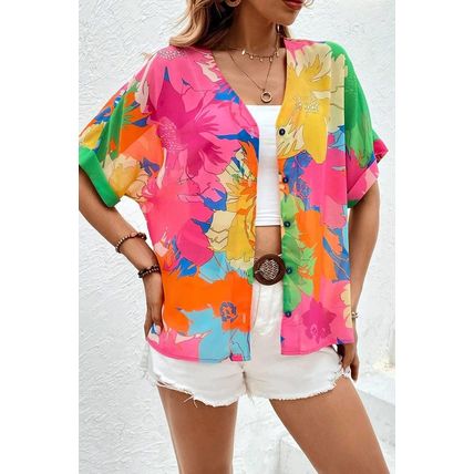 Multicolour Floral Print Folded Short Sleeve Shirt