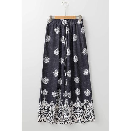 Black Bohemian Printed Drawstring Waist Wide Leg Pants
