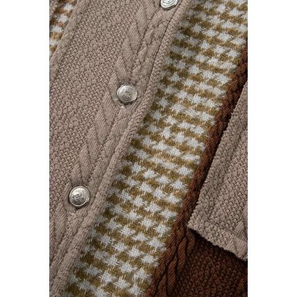 Khaki Houndstooth Color Contrast Textured Patchwork Loose Shacket