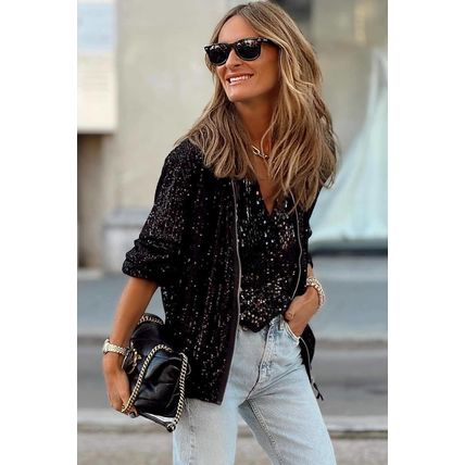 Black Sequin Zip up Round Neck Long Sleeve Jacket