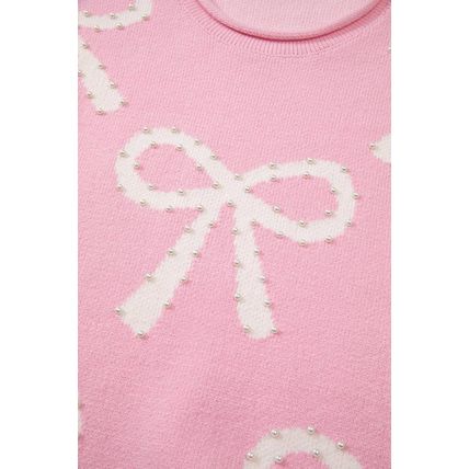 Pink Pearl Beaded Bowknot Pattern Distressed Split Hem Sweater